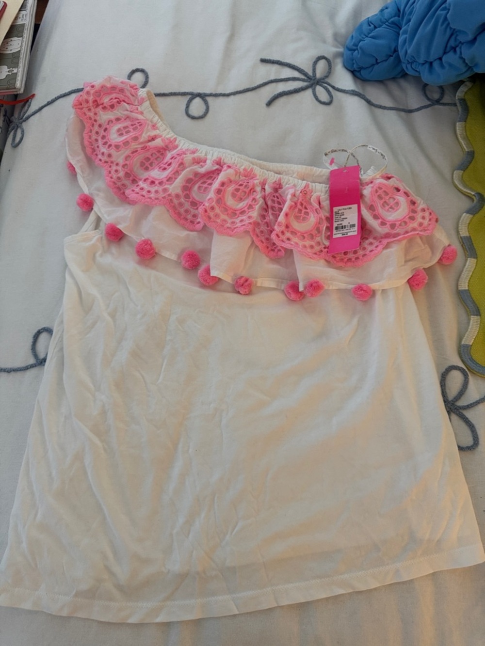 Lilly Pulitzer White One-Shoulder Tank with Pink Pom Trim